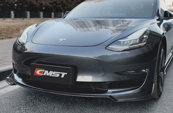 Tesla Model 3 Performance Long Range Standard Base 2017-2023 with Aftermarket Parts - V1 Style Front Lip Splitter Carbon Fiber / FRP from CMST Tuning