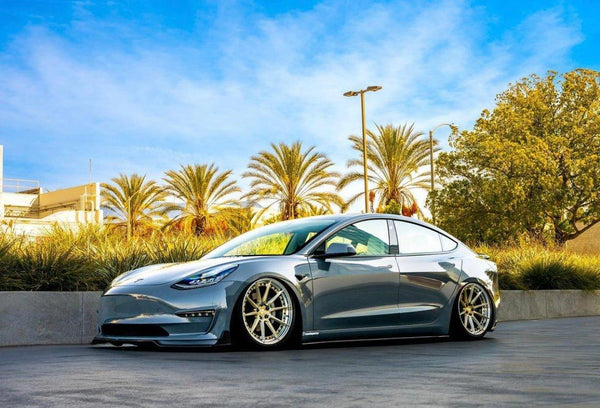 Tesla Model 3 Performance Long Range Standard Base 2017-2023 with Aftermarket Parts - V1 Style Front Lip Splitter Carbon Fiber / FRP from CMST Tuning