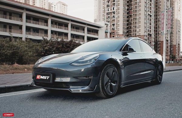 Tesla Model 3 Performance Long Range Standard Base 2017-2023 with Aftermarket Parts - V1 Style Front Lip Splitter Carbon Fiber / FRP from CMST Tuning
