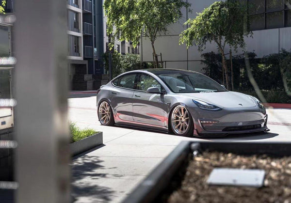 Tesla Model 3 Performance Long Range Standard Base 2017-2023 with Aftermarket Parts - V1 Style Front Lip Splitter Carbon Fiber / FRP from CMST Tuning