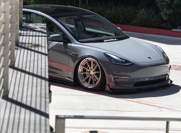 Tesla Model 3 Performance Long Range Standard Base 2017-2023 with Aftermarket Parts - V1 Style Front Lip Splitter Carbon Fiber / FRP from CMST Tuning