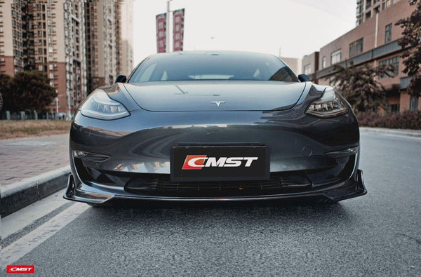 Tesla Model 3 Performance Long Range Standard Base 2017-2023 with Aftermarket Parts - V1 Style Front Lip Splitter Carbon Fiber / FRP from CMST Tuning