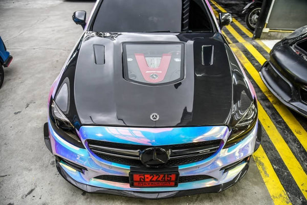 CMST Tuning Carbon Tempered Glass Transparent Hood For Mercedes Benz 2015-2020 W205 C300 C43 Sedan Coupe 2 Door 4 Door Ver.1