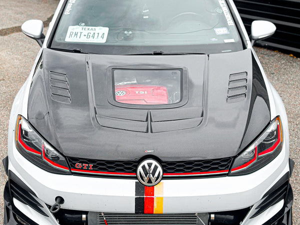 Volkswagen Golf R GTI Base MK7 MK7.5 2015-2021 with Aftermarket Parts - V3 Clearview Glass Style Hood Bonnet Carbon Fiber / FRP from CMST Tuning
