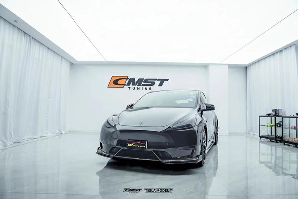 Tesla Model Y Performance AWD Long Range RWD Standard 2020-ON with Aftermarket Parts - V5 Style Front Lip Splitter Carbon Fiber / FRP from CMST Tuning