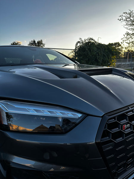 Audi RS5 S5 A5 B9 B9.5 2017-ON with Aftermarket Parts - V2 Tempered Glass Transparent Hood Bonnet Carbon Fiber / FRP from CMST Tuning