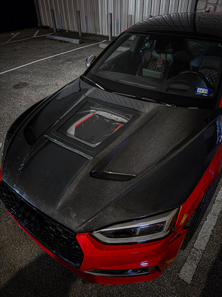 Audi RS5 S5 A5 B9 B9.5 2017-ON with Aftermarket Parts - V2 Tempered Glass Transparent Hood Bonnet Carbon Fiber / FRP from CMST Tuning