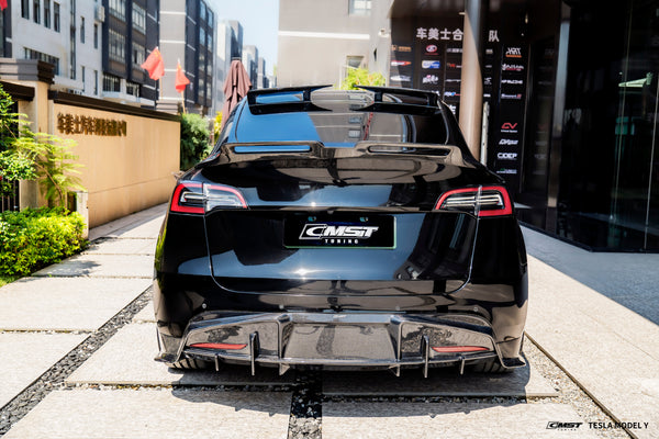 Tesla Model Y Performance AWD Long Range RWD Standard 2020 2021 2022 2023 2024 with Aftermarket Parts - Roof Spoiler FRP / Carbon Fiber from CMST Tuning
