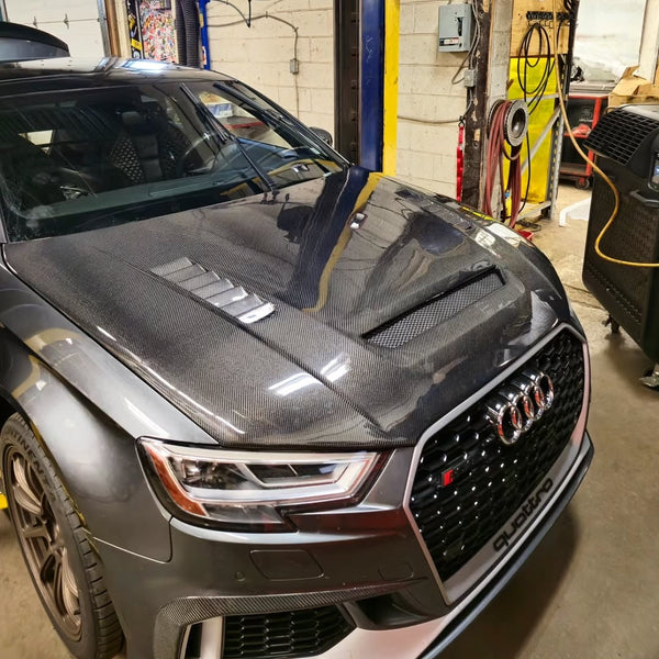 Audi RS3 S3 A3 8V / 8V.5 2014 2015 2016 2017 2018 2019 2020 with Aftermarket Parts - V2 Hood Bonnet Carbon Fiber / FRP from CMST Tuning