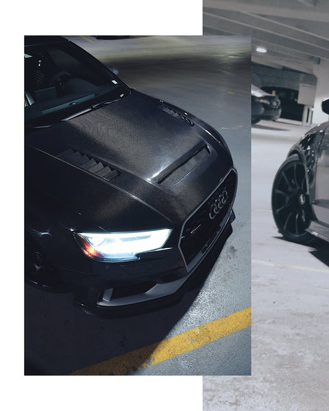 Audi RS3 S3 A3 8V / 8V.5 2014 2015 2016 2017 2018 2019 2020 with Aftermarket Parts - V2 Hood Bonnet Carbon Fiber / FRP from CMST Tuning