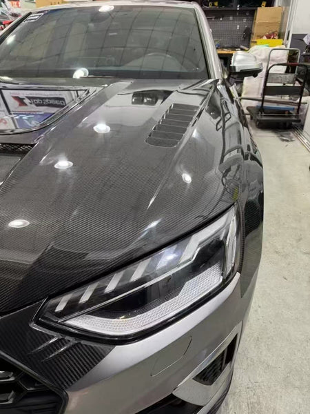 Audi RS4 2018-ON & S4 / A4 / A4 Allroad / A4 Avant B9 B9.5 2017-ON with Aftermarket Parts - V1 Tempered Glass Transparent Style Hood Bonnet Carbon Fiber / FRP from CMST Tuning