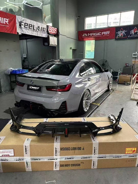 BMW 3 Series 330i M340i G20 G21 LCI 2023 2024 (fitment for 330i requires M-Sport package bumper) with Aftermarket Parts - Rear Diffuser Pre-preg Carbon Fiber / FRP from CMST Tuning