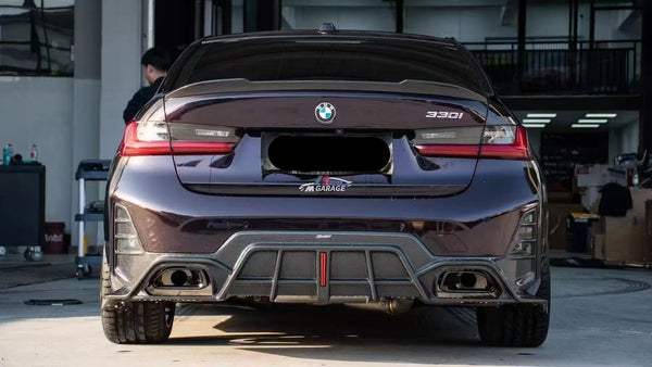 BMW 3 Series 330i M340i G20 G21 LCI 2023 2024 (fitment for 330i requires M-Sport package bumper) with Aftermarket Parts - Rear Diffuser Pre-preg Carbon Fiber / FRP from CMST Tuning