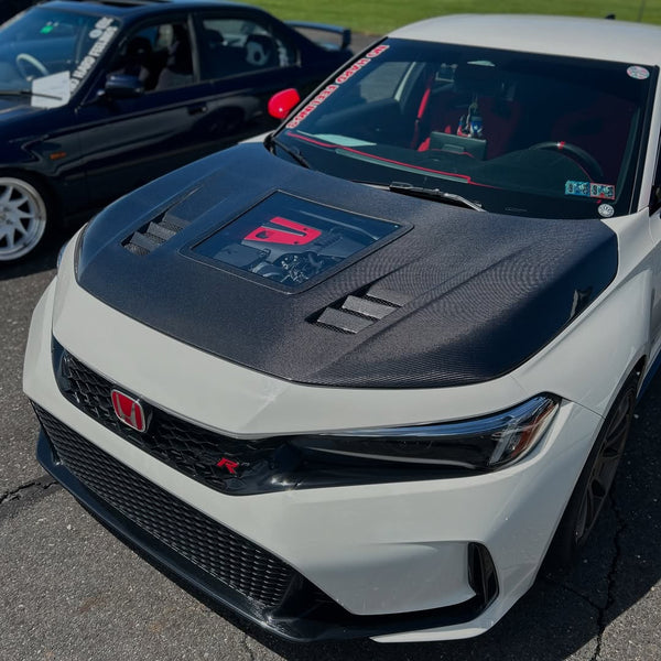 Honda Civic Type-R FL5 2023 2024 with Aftermarket Parts - V2 Clearview Glass Hood Bonnet Carbon Fiber / FRP from CMST Tuning