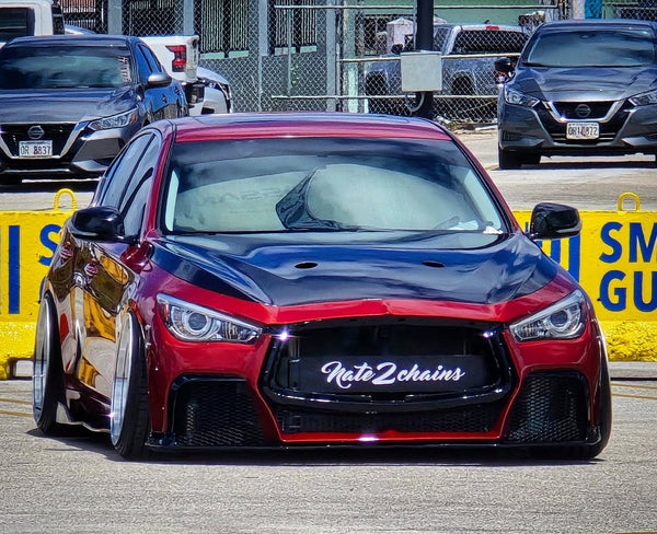 Infiniti Q60 Red Sport 400 Premium Luxe Sport Pure 2017 2018 2019 2020 2021 2022 with Aftermarket Parts - Project Black S Concept Front Bumper & Lip Carbon Fiber / FRP from CMST Tuning