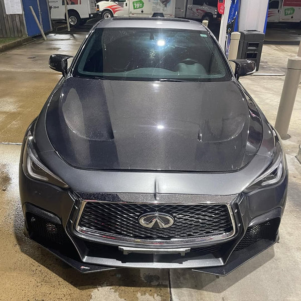 Infiniti Q60 Red Sport 400 Premium Luxe Sport Pure 2017 2018 2019 2020 2021 2022 with Aftermarket Parts - Project Black S Concept Front Bumper & Lip Carbon Fiber / FRP from CMST Tuning