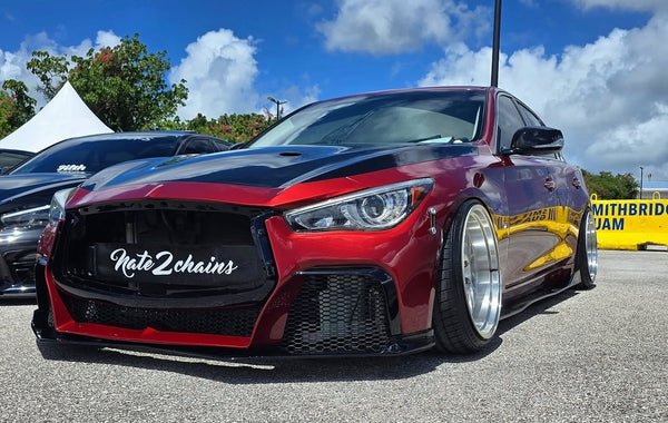 Infiniti Q60 Red Sport 400 Premium Luxe Sport Pure 2017 2018 2019 2020 2021 2022 with Aftermarket Parts - Project Black S Concept Front Bumper & Lip Carbon Fiber / FRP from CMST Tuning