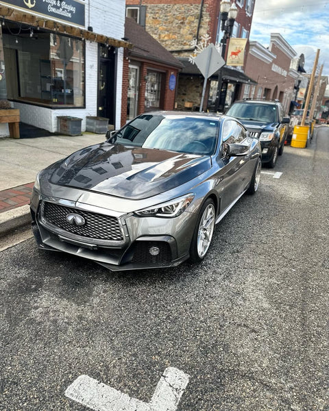 Infiniti Q60 Red Sport 400 Premium Luxe Sport Pure 2017 2018 2019 2020 2021 2022 with Aftermarket Parts - Project Black S Concept Front Bumper & Lip Carbon Fiber / FRP from CMST Tuning