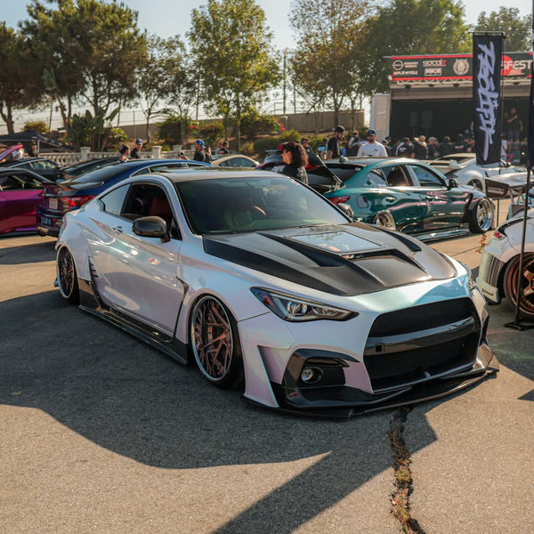 Infiniti Q60 Red Sport 400 Premium Luxe Sport Pure 2017 2018 2019 2020 2021 2022 with Aftermarket Parts - Tempered Glass Clearview Hood Bonnet Carbon Fiber / FRP from CMST Tuning