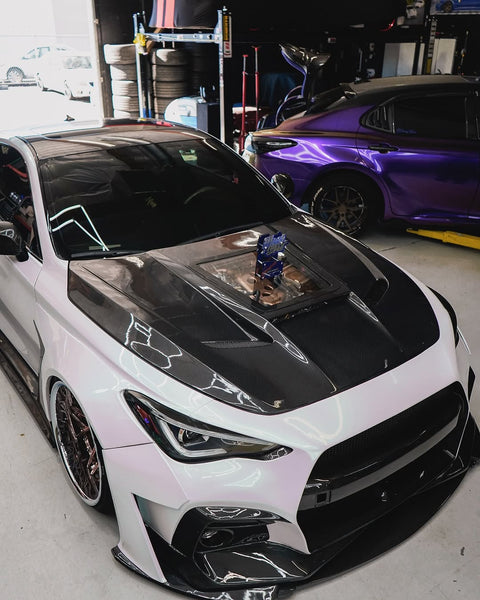 Infiniti Q60 Red Sport 400 Premium Luxe Sport Pure 2017 2018 2019 2020 2021 2022 with Aftermarket Parts - Tempered Glass Clearview Hood Bonnet Carbon Fiber / FRP from CMST Tuning