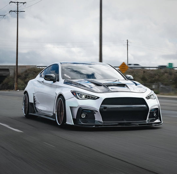 Infiniti Q60 Red Sport 400 Premium Luxe Sport Pure 2017 2018 2019 2020 2021 2022 with Aftermarket Parts - Tempered Glass Clearview Hood Bonnet Carbon Fiber / FRP from CMST Tuning