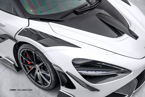 McLaren 720s 2018 2019 2020 2021 2022 2023 & 765LT 2021 2022 & 750s 2024 with Aftermarket Parts - 765lt Conversion Front Bumper & Front Lip Carbon Fiber / FRP from CMST Tuning