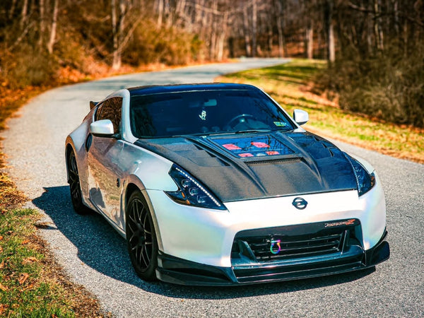 Nissan 370Z Nismo Sport Touring Base Fairlady Z Z34 2009 2010 2011 2012 2013 2014 2015 2016 2017 2018 2019 2020 with Aftermarket Parts - V1 Glass Clearview Hood Bonnet Carbon Fiber / FRP from CMST Tuning