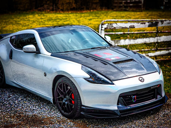 Nissan 370Z Nismo Sport Touring Base Fairlady Z Z34 2009 2010 2011 2012 2013 2014 2015 2016 2017 2018 2019 2020 with Aftermarket Parts - V1 Glass Clearview Hood Bonnet Carbon Fiber / FRP from CMST Tuning