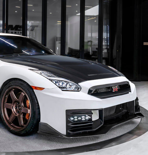 Nissan GTR R35 CBA DBA EBA 2008 2009 2010 2011 2012 2013 2014 2015 2016 2017 2018 2019 2020 2021 2022 2023 2024 (for installation on 2008-2016 vehicles, 2017-2024 hood is recommended) with Aftermarket Parts - 2024 NISMO Style Front Bumper &amp; Lip & Undertray Carbon Fiber / FRP from CMST Tuning