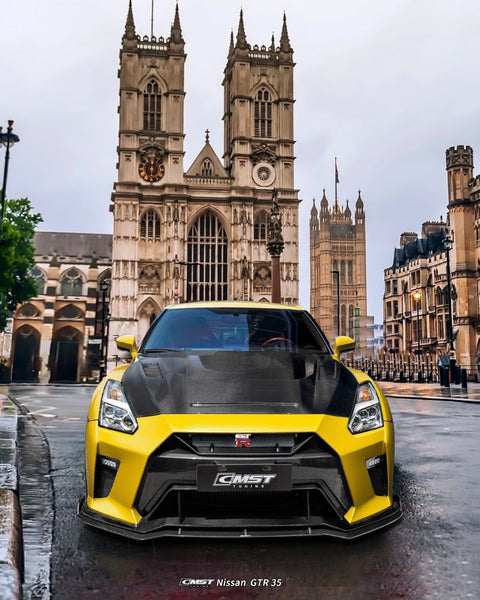 Nissan GTR R35 CBA DBA EBA 2008 2009 2010 2011 2012 2013 2014 2015 2016 2017 2018 2019 2020 2021 2022 2023 2024 (for installation on 2017-2024 vehicles, 2008-2016 hood is recommended) with Aftermarket Parts - HORIZON Front Bumper & Undertray Carbon Fiber / FRP from CMST Tuning