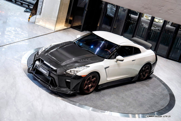 Nissan GTR R35 CBA DBA EBA 2008 2009 2010 2011 2012 2013 2014 2015 2016 2017 2018 2019 2020 2021 2022 2023 2024 (for installation on 2017-2024 vehicles, 2008-2016 hood is recommended) with Aftermarket Parts - HORIZON Front Bumper & Undertray Carbon Fiber / FRP from CMST Tuning