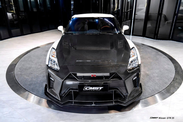 Nissan GTR R35 CBA DBA EBA 2008 2009 2010 2011 2012 2013 2014 2015 2016 2017 2018 2019 2020 2021 2022 2023 2024 (for installation on 2017-2024 vehicles, 2008-2016 hood is recommended) with Aftermarket Parts - HORIZON Front Bumper & Undertray Carbon Fiber / FRP from CMST Tuning