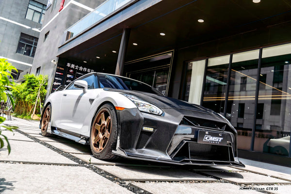 Nissan GTR R35 CBA DBA EBA 2008-2024 with Aftermarket Parts - HORIZON Narrow body &  Widebody Front Lip Carbon Fiber / FRP from CMST Tuning