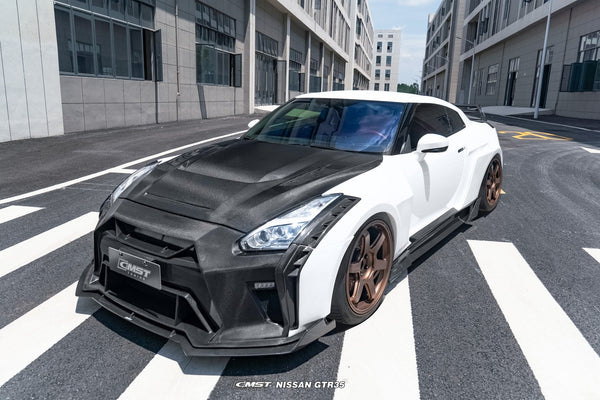 Nissan GTR R35 CBA DBA EBA 2008-2024 with Aftermarket Parts - HORIZON Narrow body &  Widebody Front Lip Carbon Fiber / FRP from CMST Tuning