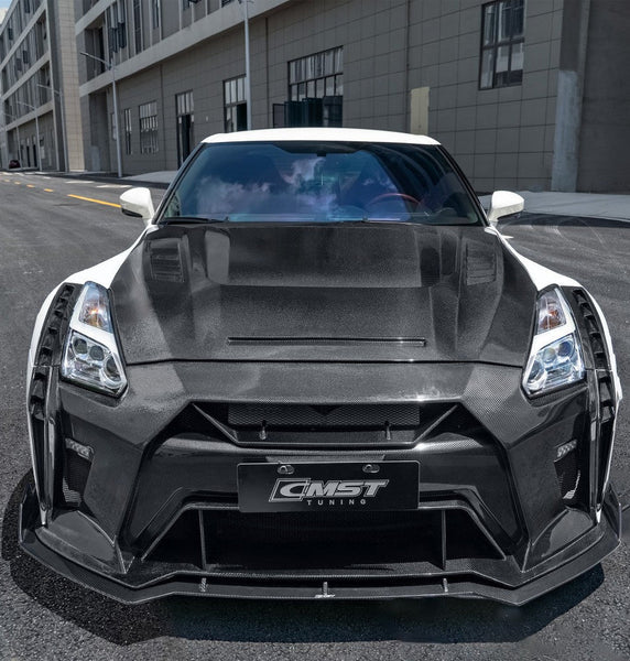 Nissan GTR R35 CBA DBA EBA 2008-2024 with Aftermarket Parts - HORIZON Narrow body &  Widebody Front Lip Carbon Fiber / FRP from CMST Tuning