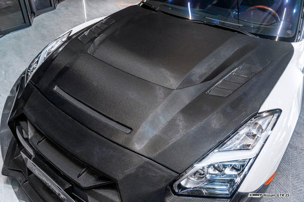 Nissan GTR R35 CBA DBA EBA 2008 2009 2010 2011 2012 2013 2014 2015 2016 2017 2018 2019 2020 2021 2022 2023 2024(for installation on 2017-2024 vehicles, 2008-2016 bumper is recommended) with Aftermarket Parts - V5 Hood Carbon Fiber / FRP from CMST Tuning