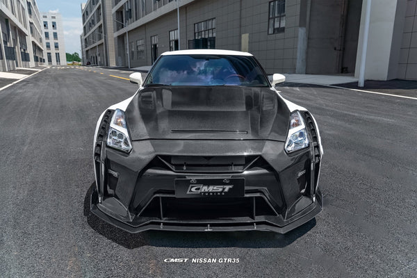 Nissan GTR R35 CBA DBA EBA 2008 2009 2010 2011 2012 2013 2014 2015 2016 2017 2018 2019 2020 2021 2022 2023 2024(for installation on 2017-2024 vehicles, 2008-2016 bumper is recommended) with Aftermarket Parts - V5 Hood Carbon Fiber / FRP from CMST Tuning