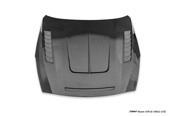 Nissan GTR R35 CBA DBA EBA 2008 2009 2010 2011 2012 2013 2014 2015 2016 2017 2018 2019 2020 2021 2022 2023 2024(for installation on 2017-2024 vehicles, 2008-2016 bumper is recommended) with Aftermarket Parts - V6 Hood Carbon Fiber / FRP from CMST Tuning