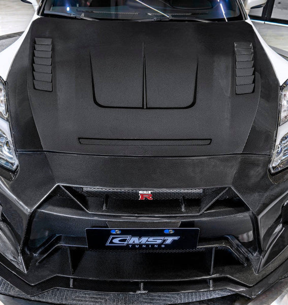 Nissan GTR R35 CBA DBA EBA 2008 2009 2010 2011 2012 2013 2014 2015 2016 2017 2018 2019 2020 2021 2022 2023 2024 (for installation on 2017-2024 vehicles, 2008-2016 bumper is recommended) with Aftermarket Parts - V6 Hood Carbon Fiber / FRP from CMST Tuning