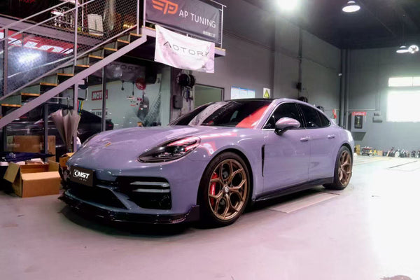 Porsche Panamera 971.2 Turbo/Turbo S 2021 2022 2023 (not all Turbo S has the same bumper, please make sure you have the same bumper as pictured) with Aftermarket Parts - Front Lip Splitter Pre-preg Carbon Fiber / FRP from CMST Tuning