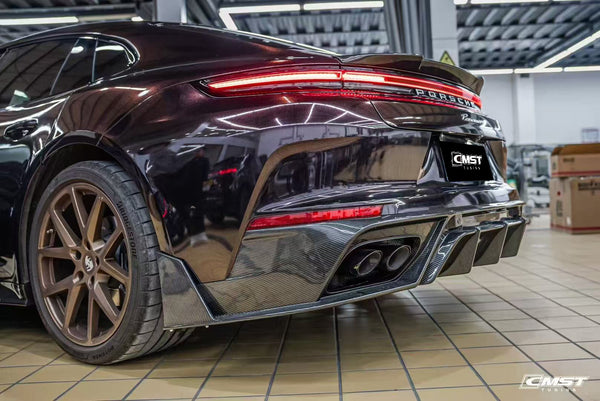Porsche Panamera 976 Base 4 4S E-Hybird GTS Turbo 2024 with Aftermarket Parts - Rear Diffuser & Canards Pre-preg Carbon Fiber / FRP from CMST Tuning