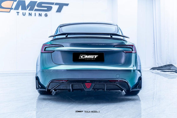 Tesla Model 3 Highland 2024-ON with Aftermarket Parts - V1 Style Carbon Fiber Rear Diffuser & Canards from CMST Tuning