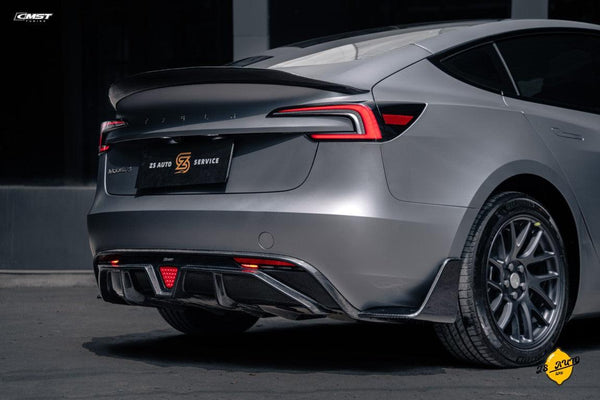 Tesla Model 3 Highland / Performance 2024-ON with Aftermarket Parts - V1 Style Rear Diffuser & Canards Carbon Fiber from CMST Tuning