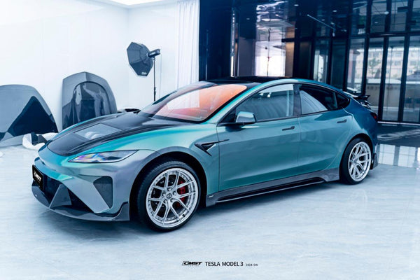 Tesla Model 3 Highland 2024-ON with Aftermarket Parts - Horizon Style Front Bumper & Lip Carbon Fiber / FRP from  CMST Tuning
