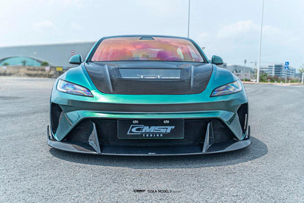 Tesla Model 3 Highland 2024-ON with Aftermarket Parts - Horizon Style Front Bumper & Lip Carbon Fiber / FRP from  CMST Tuning