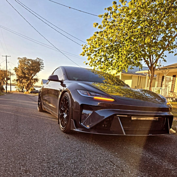 Tesla Model 3 Highland 2024-ON with Aftermarket Parts - Horizon Style Front Bumper & Lip Carbon Fiber / FRP from CMST Tuning