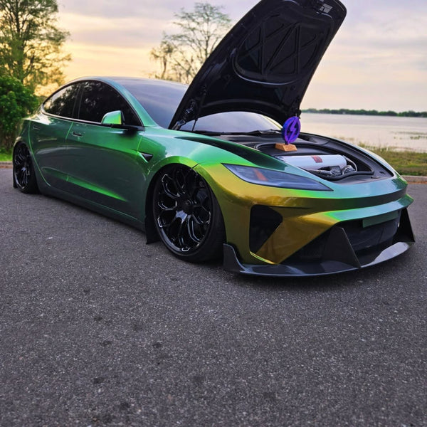 Tesla Model 3 Highland 2024-ON with Aftermarket Parts - Horizon Style Front Bumper & Lip Carbon Fiber / FRP from CMST Tuning