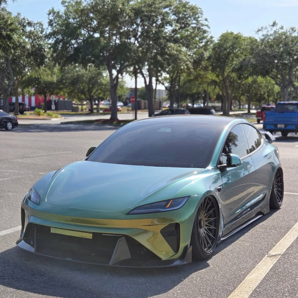 Tesla Model 3 Highland 2024-ON with Aftermarket Parts - Horizon Style Front Bumper & Lip Carbon Fiber / FRP from CMST Tuning