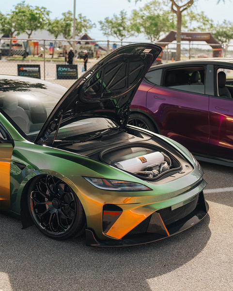 Tesla Model 3 Highland 2024-ON with Aftermarket Parts - Horizon Style Front Bumper & Lip Carbon Fiber / FRP from CMST Tuning