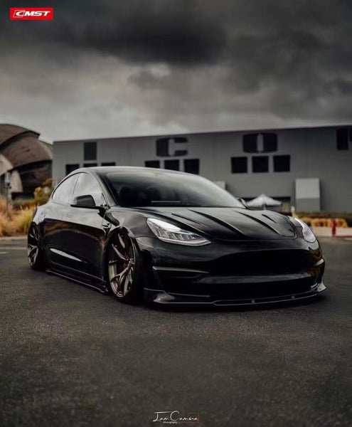 Tesla Model 3 Performance Long Range Standard Base 2017 2018 2019 2020 2021 2022 2023 with Aftermarket Parts - V3 Front Lip Splitter Carbon Fiber / FRP from CMST Tuning